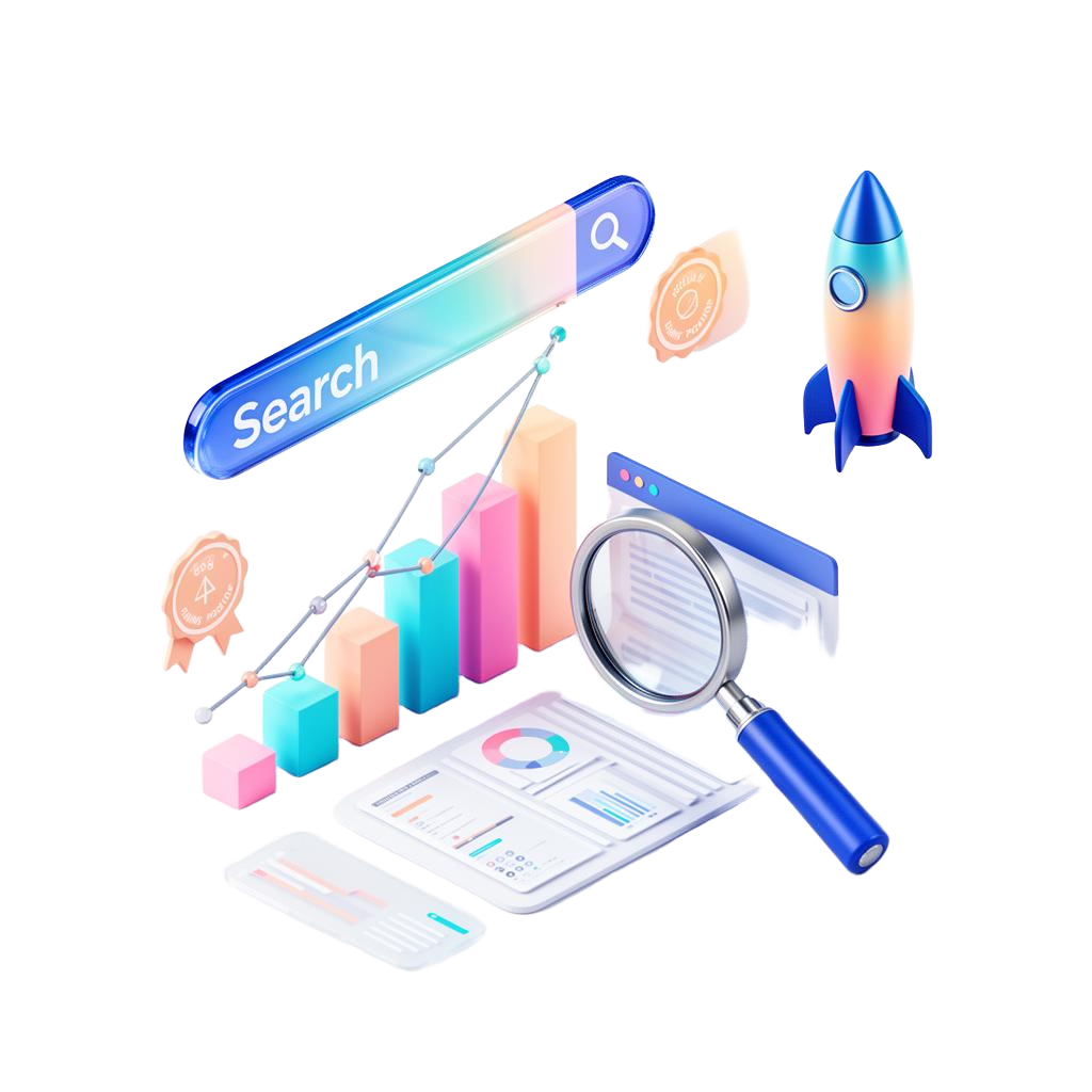 SEO analytics dashboard with rising charts and search rankings